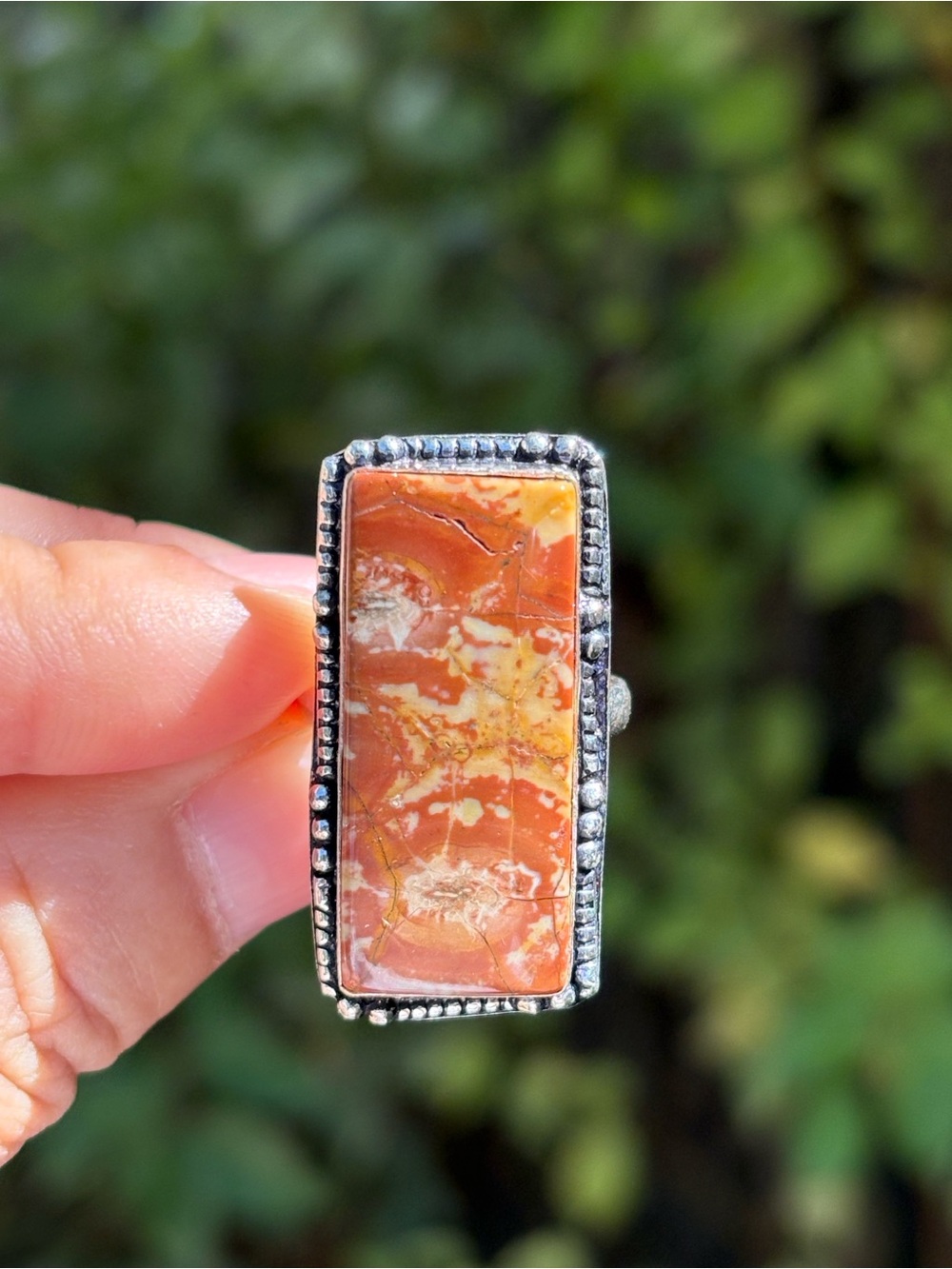 SIZE 7 Handcrafted Orange Bird Eye Jasper Rectangle Silver Ring - Picture 2 of 5